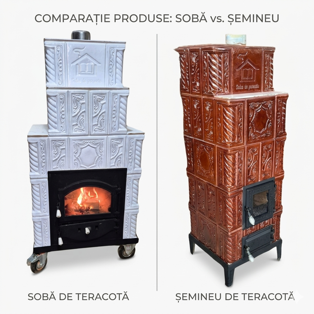 Comparație vizuală între un șemineu de teracotă alb pe roți și o sobă de teracotă maro pe picioare de la Sobe de Poveste.